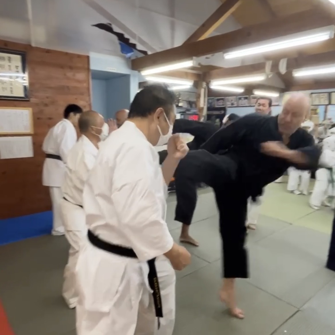 Brian Southon of Shuhari Self Defence Cippenham practicing karate basics in Ichinomiya Japan