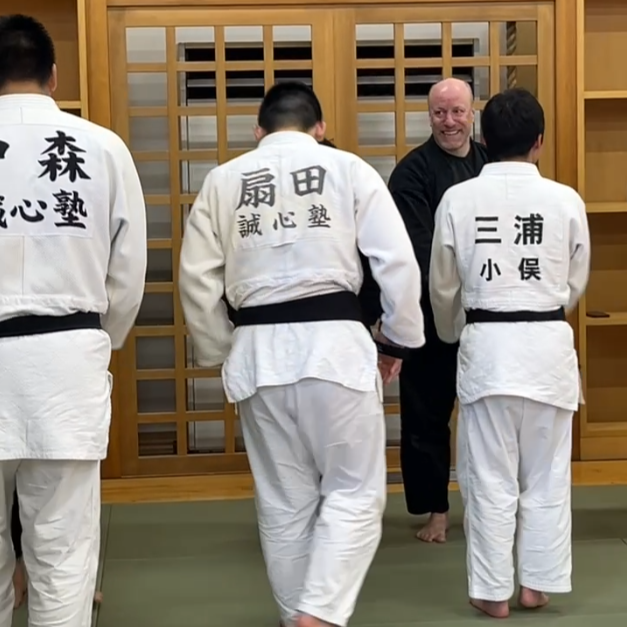 Brian Southon of Shuhari Self Defence Cippenham with Judo students in Kogakkan school Japan