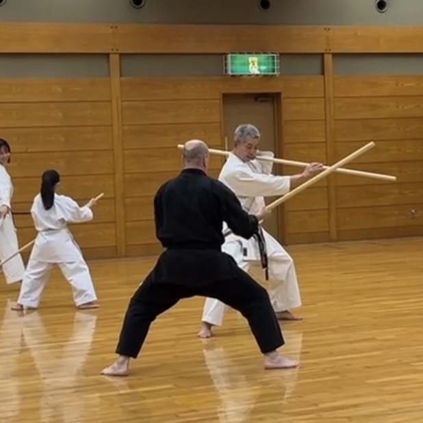 Brian Southon of Shuhari Self Defence Cippenham learning Kobudo in Nagoya Japan from Hideki Yamada Sensei